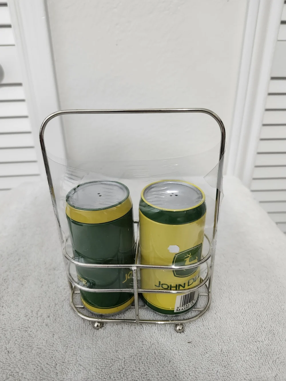 John Deere Green & Yellow Farm Logo Salt and Pepper Set with Metal Caddy